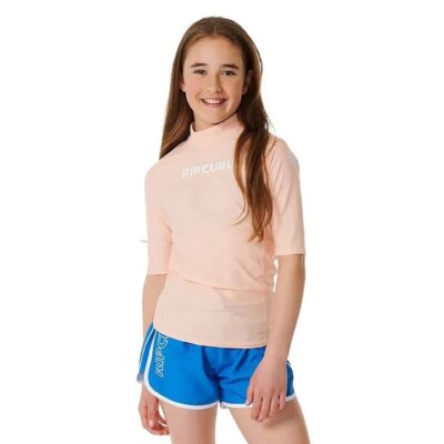 Rip Curl Peach Warpknit Lycra Extra Life Short Sleeve Rash Vest Girls 14 UPF 50 Sun Protection